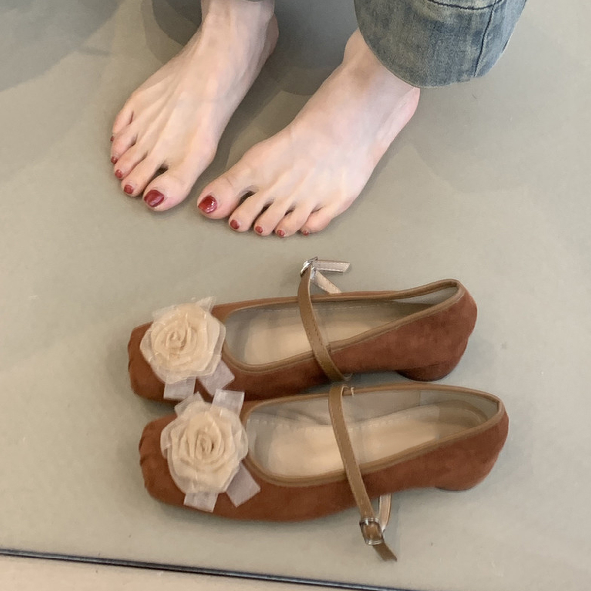 Fairy Style Sheepskin Square Toe Chunky Heel Mary Jane Shoes - Shallow Mouth French One-Strap Evening Flats
