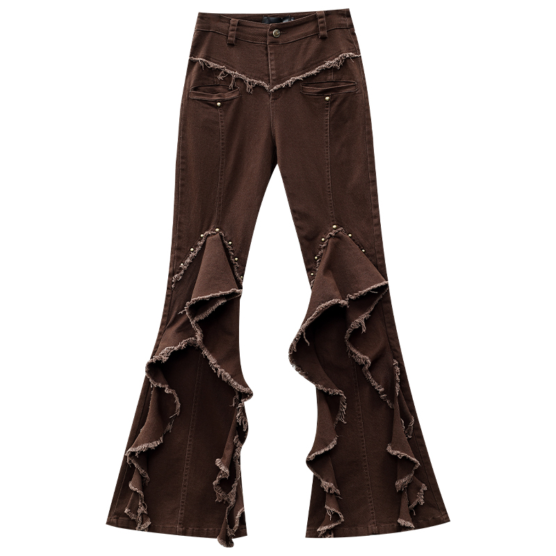 Flared Jeans for Women with Ruffle Edge, Slim Fit, Vintage-Inspired Wasteland Style, Trendy Y2K Fashion