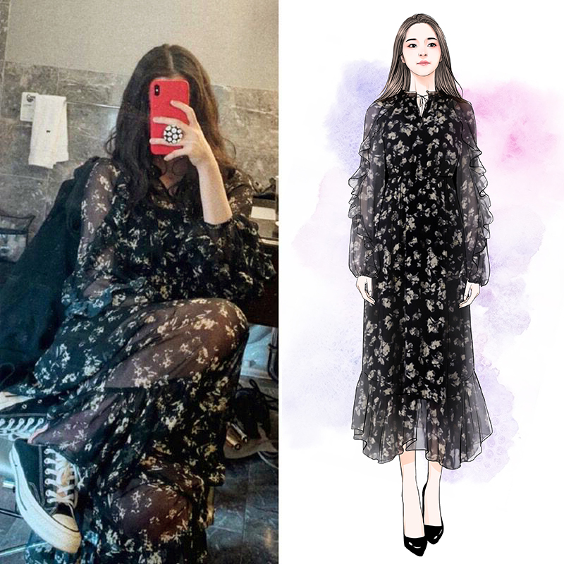 Floral Long Sleeve Dress - French Style Long Skirt, Slimming & Height-Enhancing, Summer 2025 Fashion, 90s Inspired