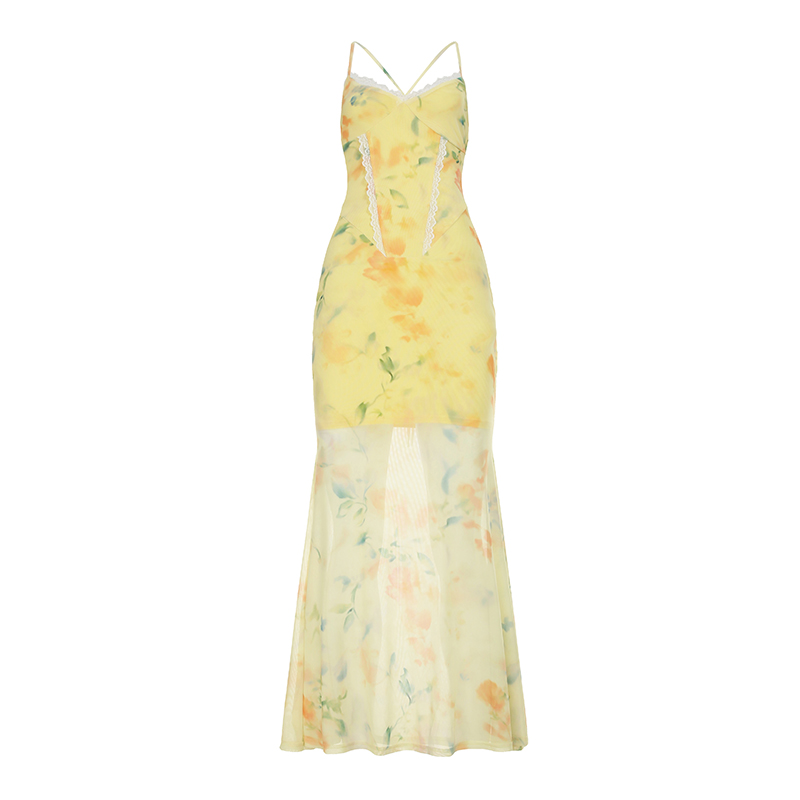 Floral Mesh Mermaid Long Dress - Women's Lace V-Neck Fishbone Waist-Defining Vacation Dress in South France Garden Style