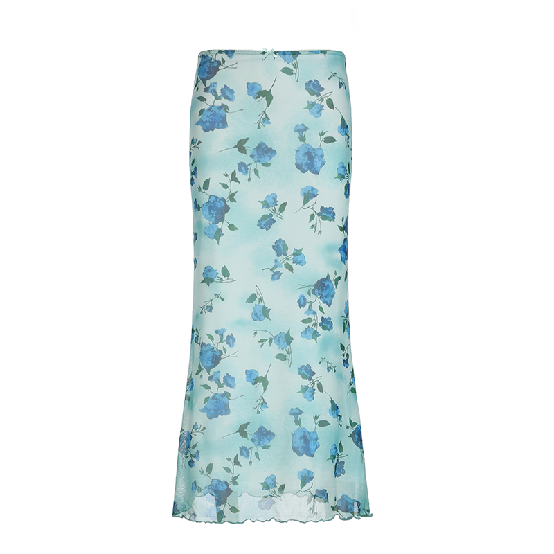 Floral Mesh Skirt for Women - Low Waist Slim Fit Long Pants - Summer Island Rose Design - Vacation Ready Mint Green Style