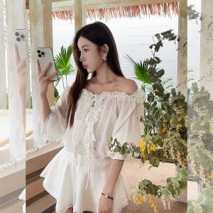 Floral One-Shoulder Chiffon Shirt Dress for Women - Lightweight, Waist-Cinching, Sweet Spring/Summer Style Short Skirt