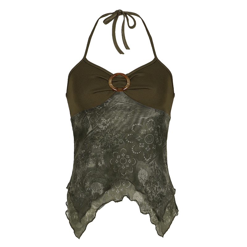 Forest Element Women's Backless Slim Top with Ruffled Edge, Round Neck, Spliced Strap Design - Trendy Niche Fashion