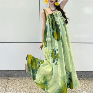 Forest Fairy Watercolor Gradient Printed Vest Dress with 3D Flower Woven Straps - Boho Vacation Style, Summer Fashion