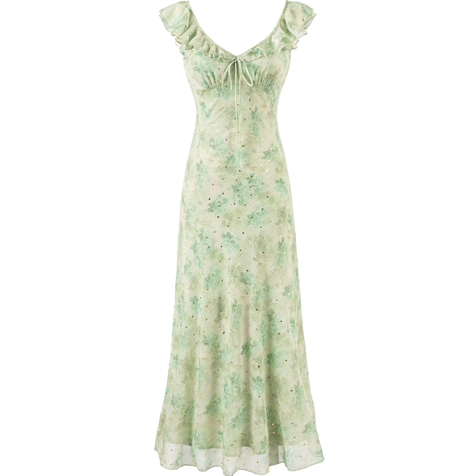 French Green Gradient V-Neck Dress for Women - Summer 2025 Long Vacation Style Dress, Trendy and Stylish