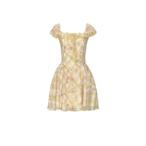 French Ruffled Floral Plaid Dress - Romantic Vacation Style, 90s Inspired, Perfect for Summer Getaways