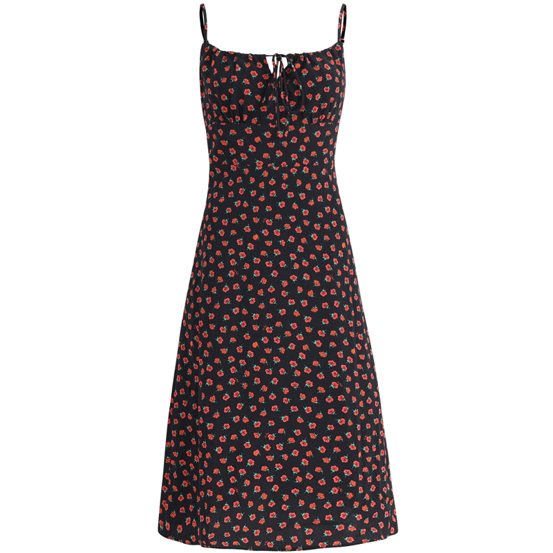 French Style Floral Spaghetti Strap Black Maxi Dress - Slim Fit Vacation Dress for Summer 2025, Perfect for 90s and Y2K Fashion
