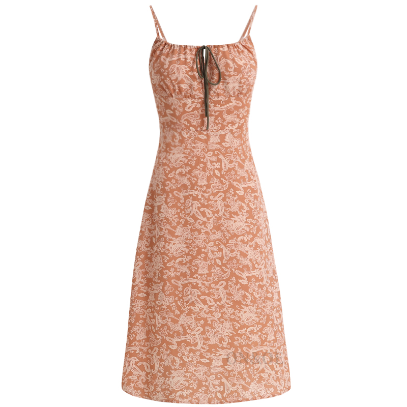 French-Style Orange Women's Dress with Straps, Printed, Elegant Vacation Look for Summer 2025