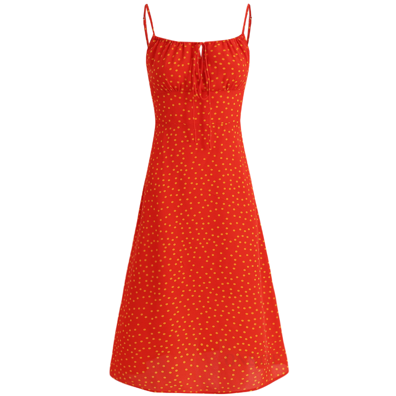 French Style Polka Dot Spaghetti Strap Long Red Dress for Summer 2025 - Vacation Essential, Slimming Fit for Women