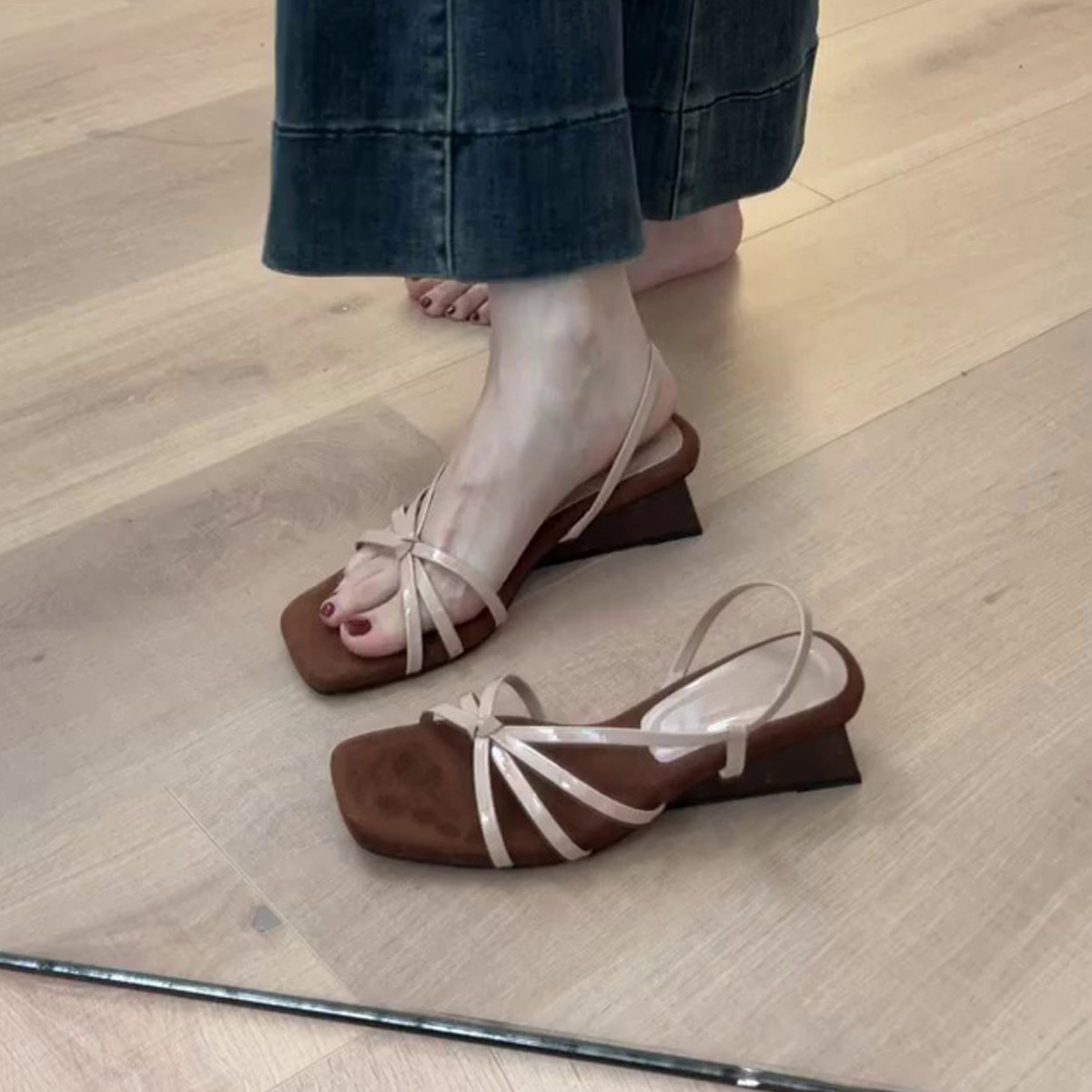 French Style Sheepskin Thin Strap Wedge Sandals for Women - Open-Toe Square Toe High Heels, Perfect for Skirts and Dresses