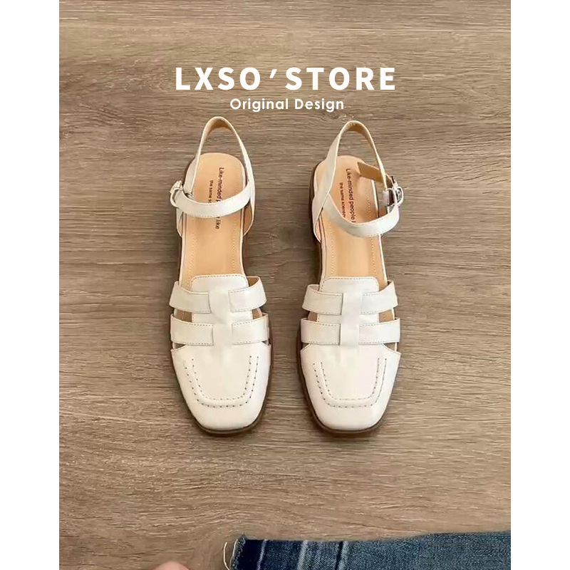 French Style Soft Sheepskin Open-Toe Sandals for Women, Vintage Woven Hollow Roman Shoes, Chunky Heel Square-Toe Casual Footwear