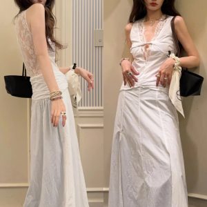 French Summer V-Neck Lace Dress Women's A-Line Vintage Slim Long Dress - Elegant 90s Inspired Style