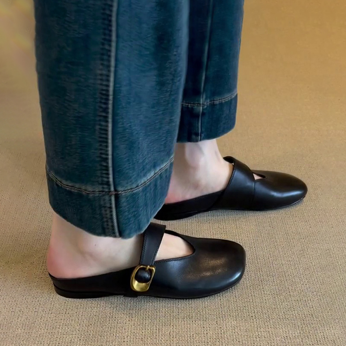 French Vintage Sheepskin Half Slippers for Women - Versatile Round-Toe Flats for Spring Outdoor Style