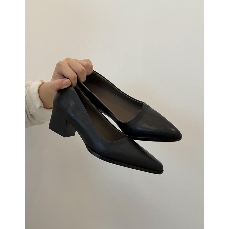 Genuine Leather Chunky Heel Pointed Toe Black High Heels for Women - Versatile Elegant Commuter Shoes - Comfortable Fashion Footwear
