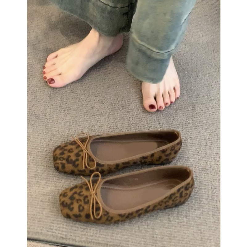Genuine Leather Cowhide Leopard Print Ballet Flats with Bow - Retro Women's Slip-On Loafers