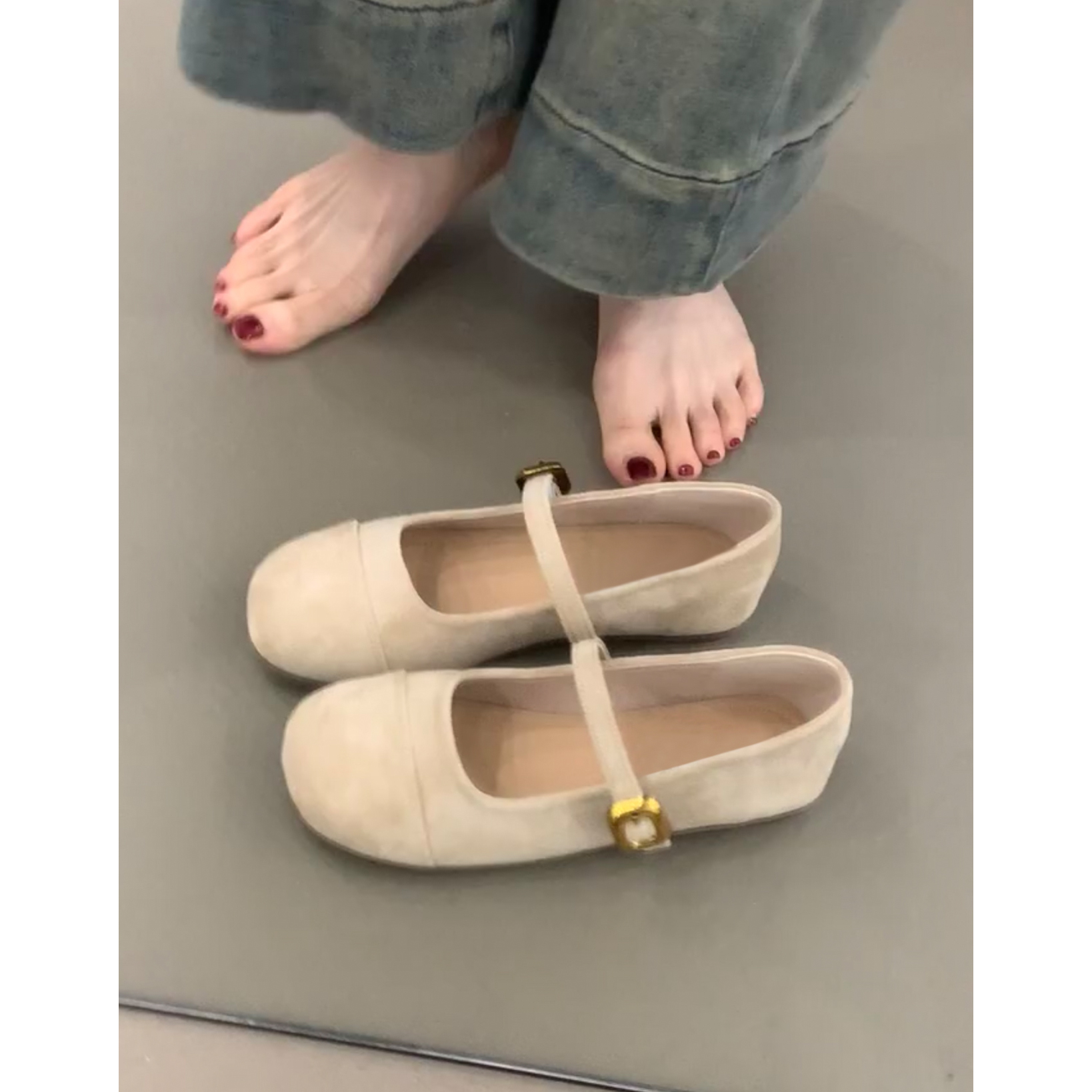 Genuine Leather Cowhide Retro Flat Yellow Mary Jane Shoes for Women - French Style Evening Ballet Flats