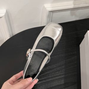 Genuine Leather Flat Mary Jane Shoes for Women - 2025 Silver French Retro Style, Sheepskin Finish, Comfortable Shallow Mouth Design