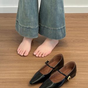 Genuine Leather Flat Pointed-Toe Silver Mary Jane Shoes for Women - French Retro Style Sheepskin Small Flats