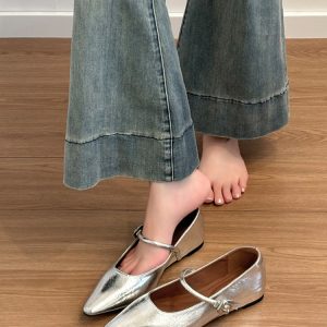 Genuine Leather Flat Pointed-Toe Silver Mary Jane Shoes for Women - French Retro Style Sheepskin Small Flats