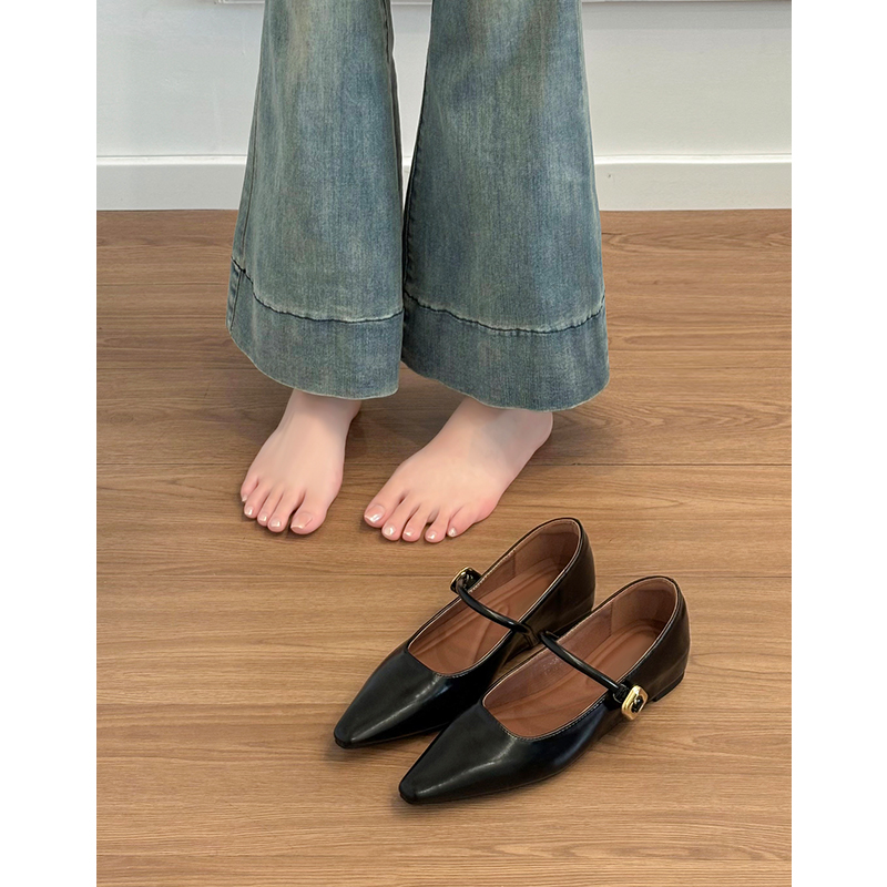 Genuine Leather Flat Pointed-Toe Silver Mary Jane Shoes for Women - French Retro Style Sheepskin Small Flats