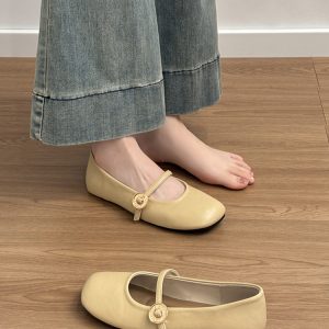 Genuine Leather French Mary Jane Shoes for Women, Sheepskin Flat Loafers with Single Strap, Stylish Shallow Mouth Design for 2025