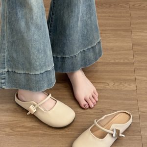 Genuine Leather French Retro Sheepskin Half-Mule Shoes for Women - Thick-Soled Slip-On Comfort Footwear