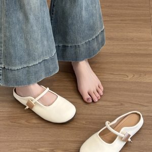Genuine Leather French Retro Sheepskin Half-Mule Shoes for Women - Thick-Soled Slip-On Comfort Footwear