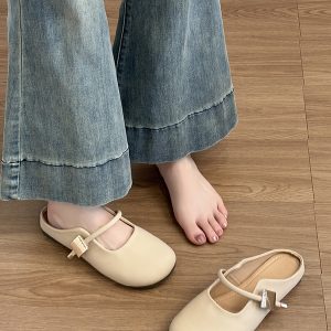 Genuine Leather French Retro Sheepskin Half-Mule Shoes for Women - Thick-Soled Slip-On Comfort Footwear