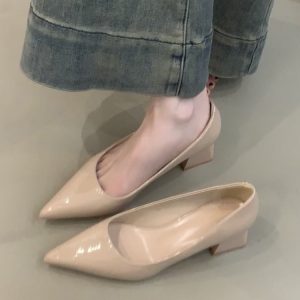 Genuine Leather French Style Chunky Heel Nude Shallow Mouth Single Shoes for Women - Spring Autumn 2025 High Heels