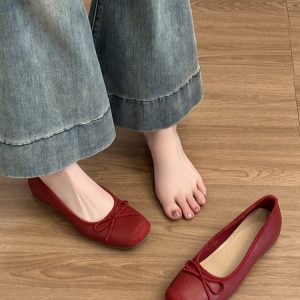 Genuine Leather French-Style Sheepskin Ballet Flats for Women - Retro Bow Slip-On, Petite Height-Increasing Design