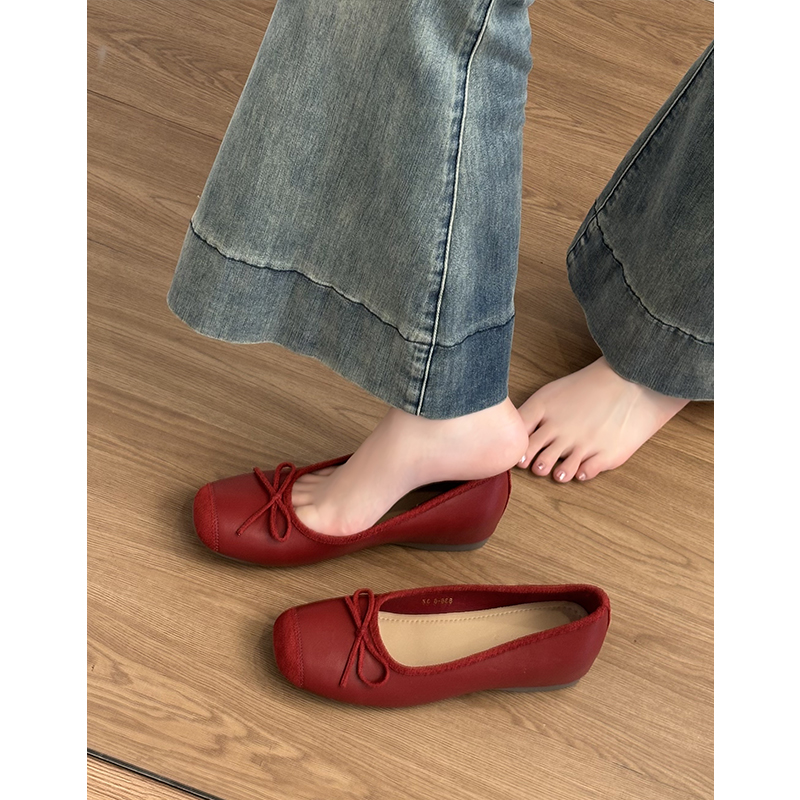 Genuine Leather Height-Increasing Ballet Flats for Women - Retro Bow Evening Loafers, 5cm Lift, Chic Fashion Footwear