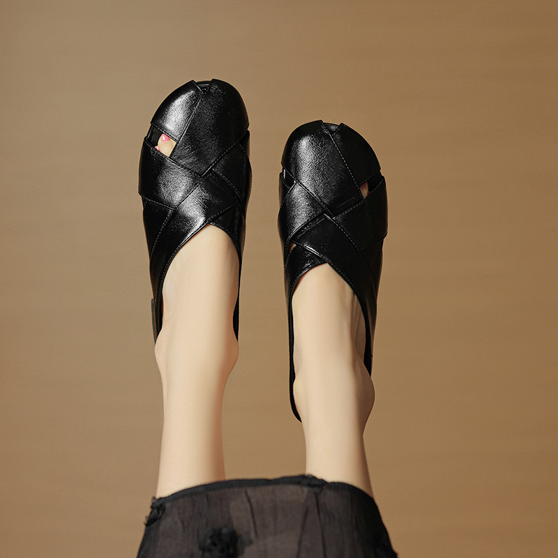 Genuine Leather Hollow-Out Toe Half Slippers - Woven Low-Heeled Fashionable Sandals for Skirts, Italian Style, Trendy Footwear