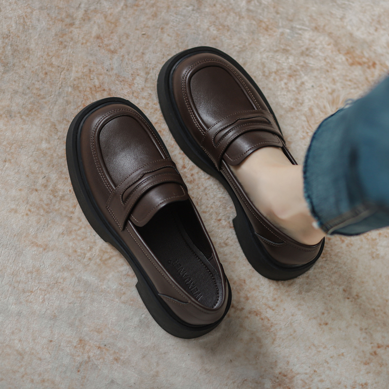 Genuine Leather Loafers for Women - 2025 Summer Thick-Soled Slip-On Shoes in British Style