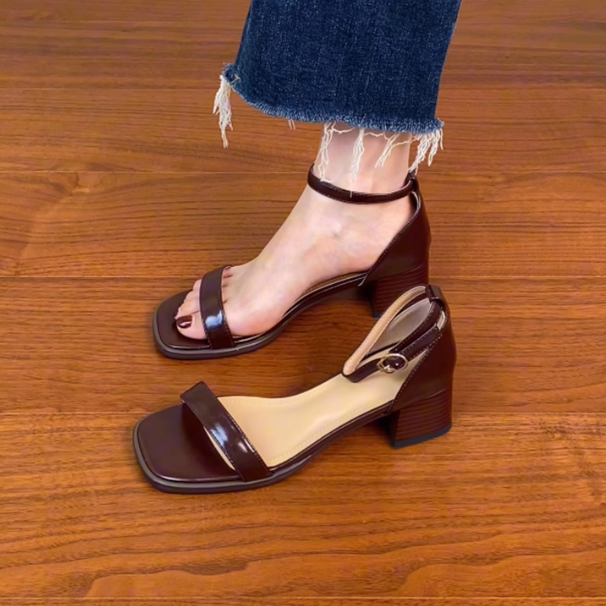 Genuine Leather One-Strap Thick-Heeled Open-Toe Sandals for Women - Summer Brown Square-Toe Mid-Heel Shoes Size 41