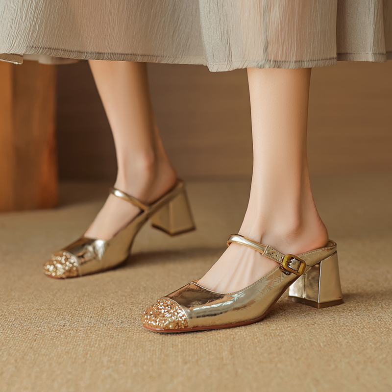 Genuine Leather Open-Toe Half Slippers for Women - Summer Mary Jane Sandals, Stylish Outdoor Footwear, Chic Italian Design
