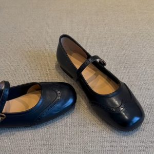 Genuine Leather Red Mary Jane Shoes for Women - Retro Flat Ballet Flats, Shallow Mouth Design, Stylish Everyday Footwear