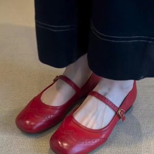 Genuine Leather Red Mary Jane Shoes for Women - Retro Flat Ballet Flats, Shallow Mouth Design, Stylish Everyday Footwear