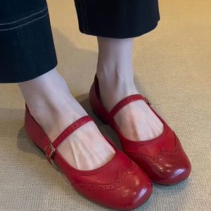Genuine Leather Red Mary Jane Shoes for Women - Retro Flat Ballet Flats, Shallow Mouth Design, Stylish Everyday Footwear