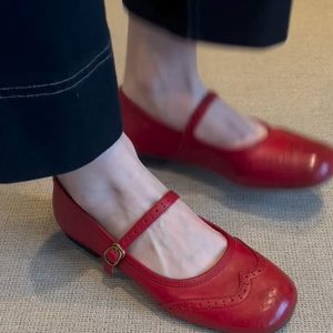Genuine Leather Red Mary Jane Shoes for Women - Retro Flat Ballet Flats, Shallow Mouth Design, Stylish Everyday Footwear