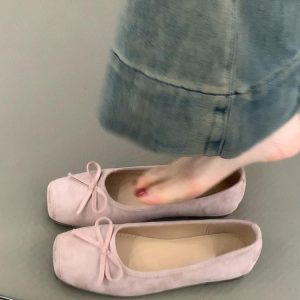 Genuine Leather Retro Ballet Flats for Women with Bow, French Style Shallow Mouth, Sheepskin Loafers, Vintage Grandma Shoes