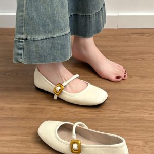 Genuine Leather Retro Black Flat Mary Jane Shoes for Women, 2025 Evening Style, Shallow Mouth Commuting Flats