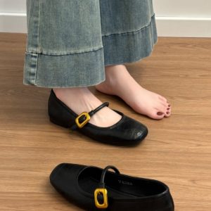 Genuine Leather Retro Black Flat Mary Jane Shoes for Women, 2025 Evening Style, Shallow Mouth Commuting Flats
