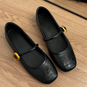 Genuine Leather Retro Black Flat Mary Jane Shoes for Women, 2025 Evening Style, Shallow Mouth Commuting Flats