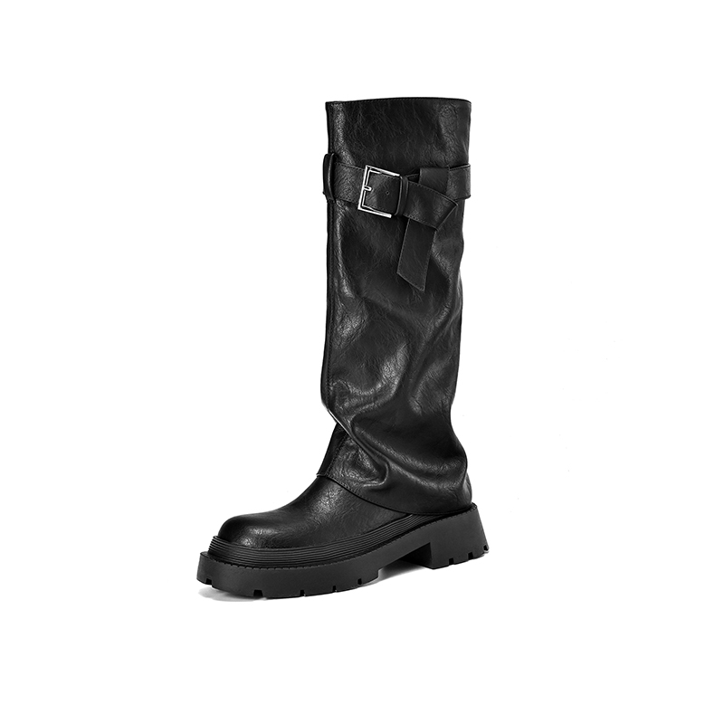 Genuine Leather Round Toe Western Cowboy Boots for Women - Thick Bottom Long Tube Knight Style Summer Pants Boots