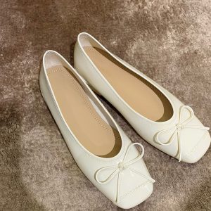 Genuine Leather Sheepskin Bow Detail Ballet Flats for Women - Silver Shallow Mouth Square Toe Loafers, Vintage-Inspired Comfort Shoes