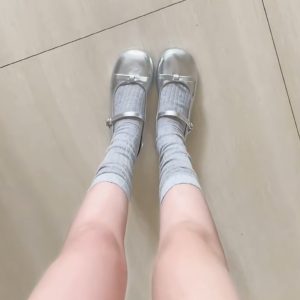 Genuine Leather Sheepskin Bow Silver Shallow Mouth Mary Jane Shoes for Women - 2024 French Retro Style