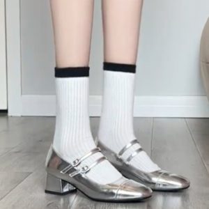 Genuine Leather Sheepskin Chunky Heel Silver Mary Jane Shoes for Women - 2025 Retro Shallow Mouth Flats, Vintage Style Footwear