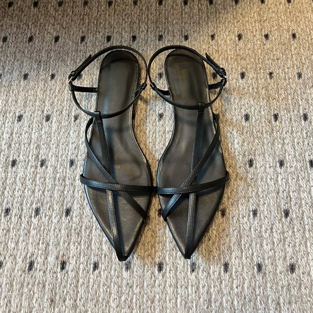 Genuine Leather Sheepskin Flat Pointed Toe Sandals for Women - Elegant One-Strap Summer Slippers, French Style, 2025 Fashion