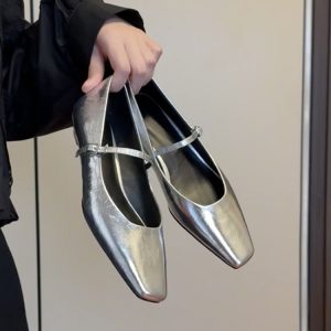 Genuine Leather Sheepskin Flat Silver Retro One-Strap Mary Jane Shoes for Women - 2025 Evening Style, Shallow Mouth Fashion Footwear