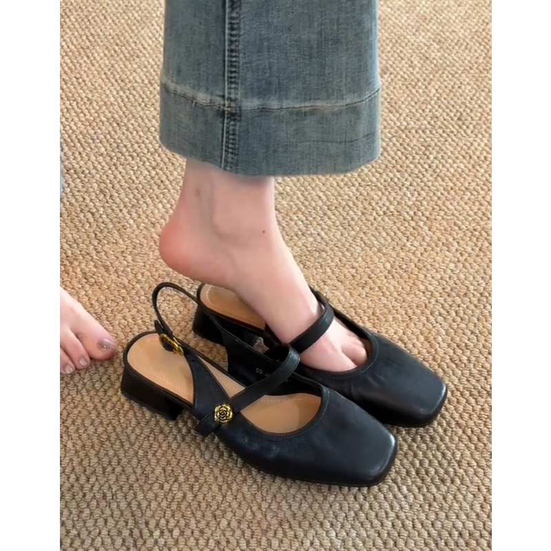 Genuine Leather Sheepskin French Camellia Strap Sandals for Women - Retro Chunky Heel Mary Jane Summer Shoes